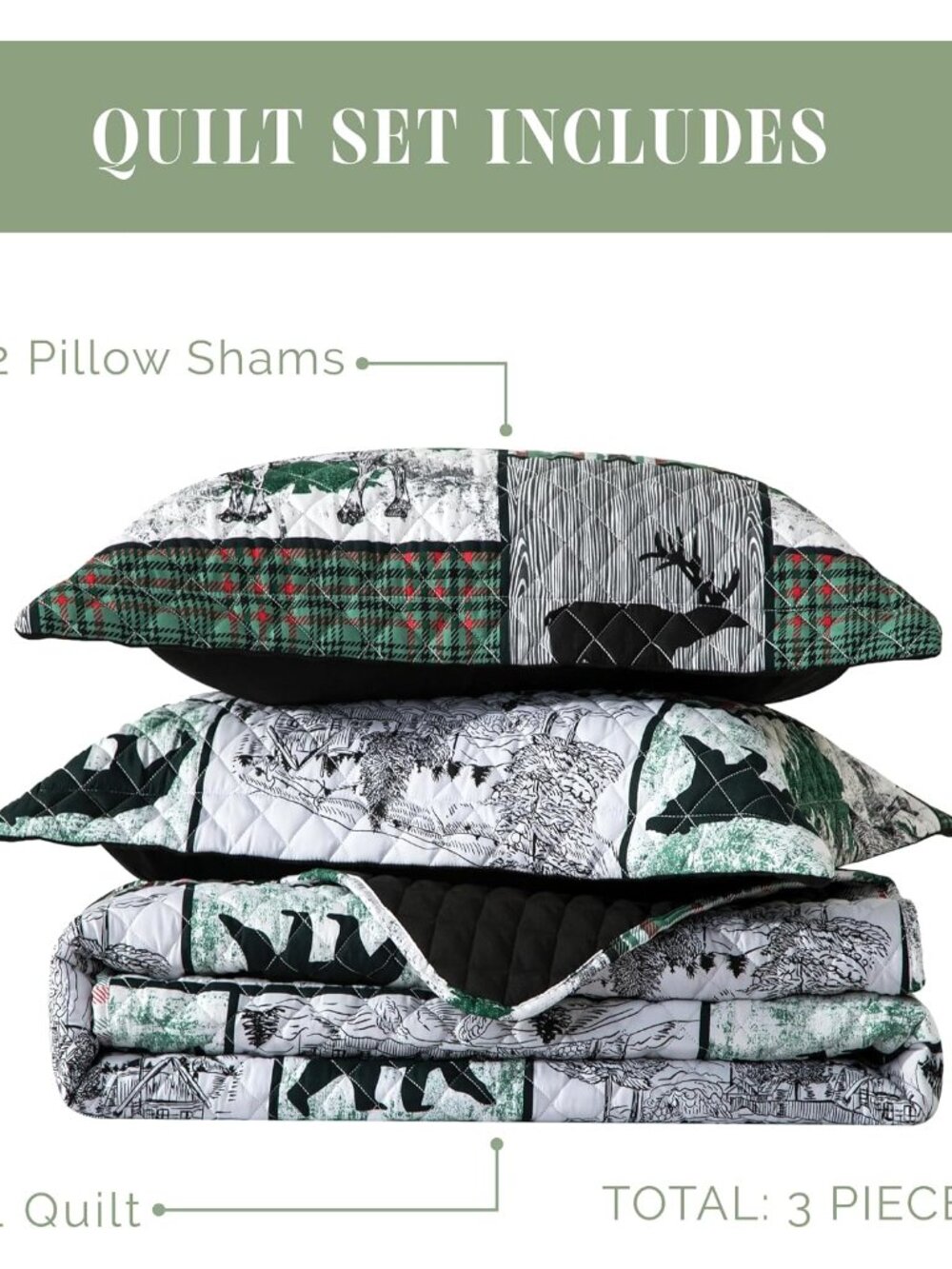 3-Piece Holiday Rustic Plaid Patchwork Reversible Quilt - Soft Bedspread with Ma - Picture 4 of 8